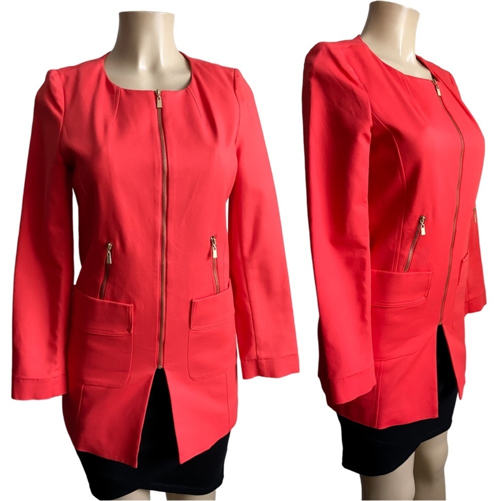 LAUNDRY Shelli Segal Burnt Orange Red Gold Zip Long Blazer Jacket Collarless 2